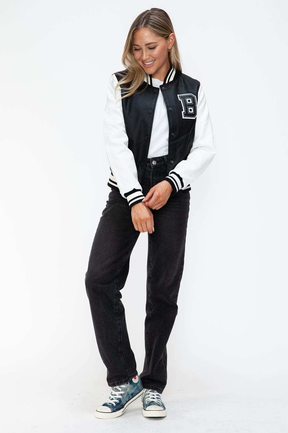 Love Me Now PU Leather Contrast Snap Down Bomber Jacket - Trendsi - Flyclothing LLC