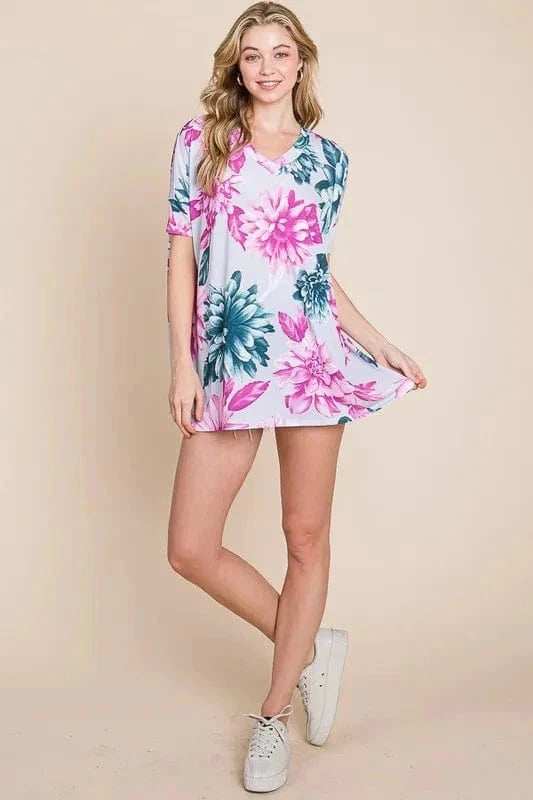 BOMBOM Floral V-Neck Short Sleeve T-Shirt - Trendsi - Flyclothing LLC