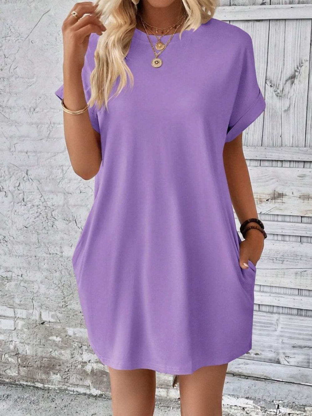 Pocketed Round Neck Short Sleeve Dress - Trendsi - Flyclothing LLC