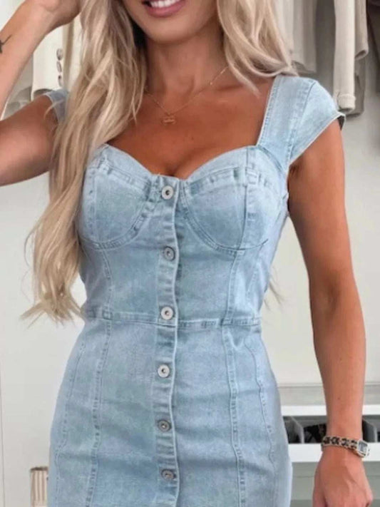 Sweetheart Neck Cap Sleeve Denim Dress - Trendsi - Flyclothing LLC