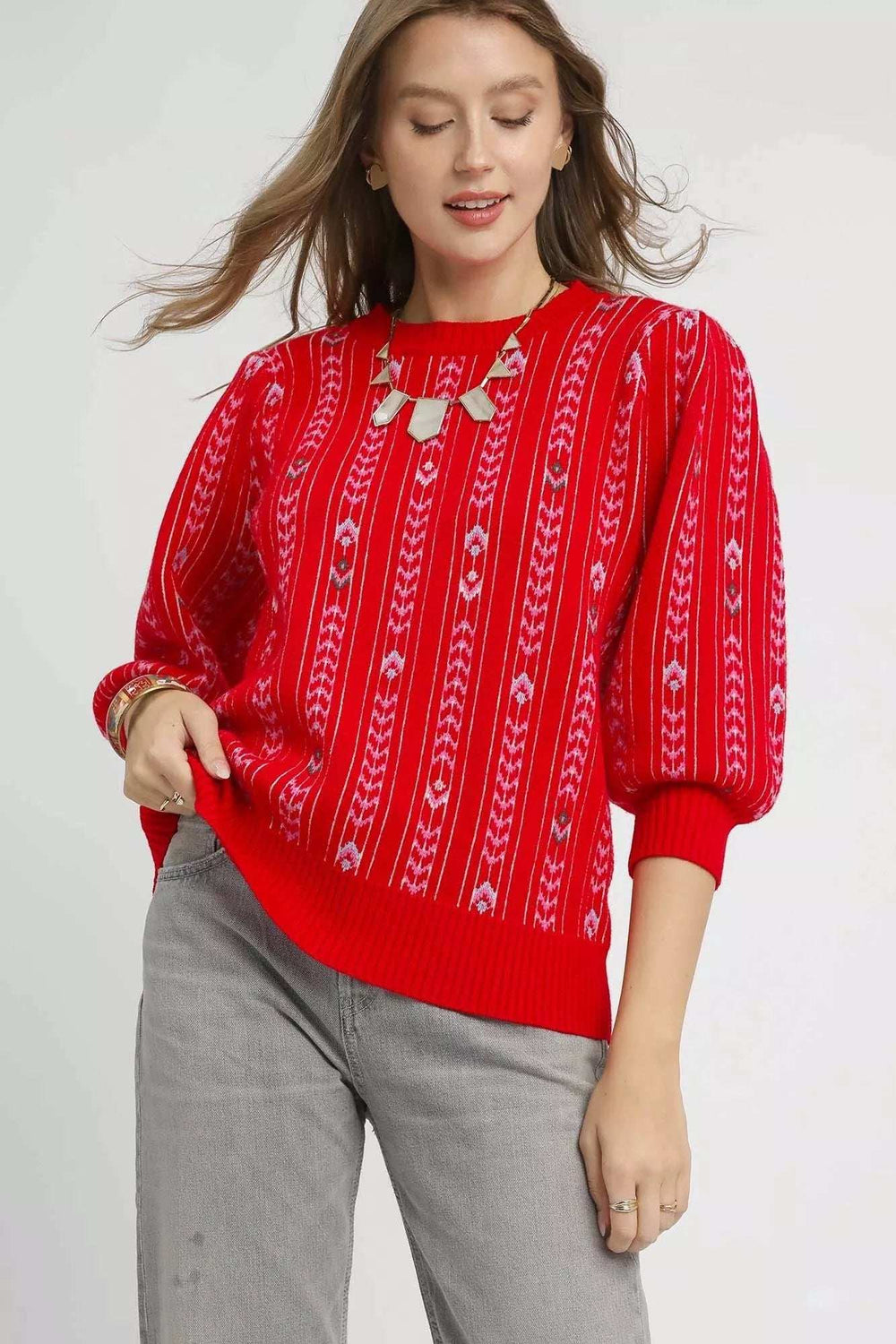 Umgee Jacquard Knit Puff Sleeve Sweater - Trendsi - Flyclothing LLC