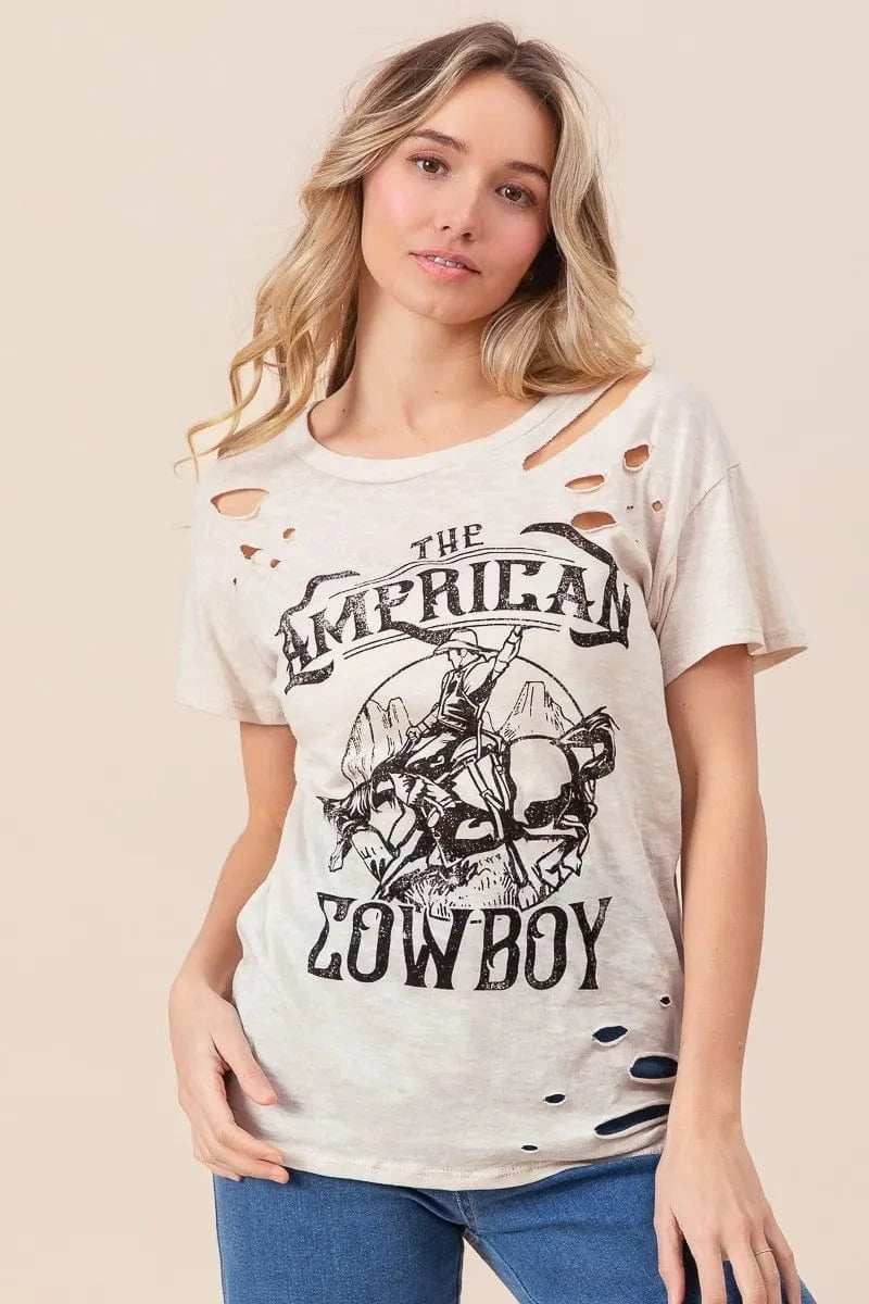 BiBi Cotton Slub Laser Top American Cow Boy Graphic - Trendsi - Flyclothing LLC