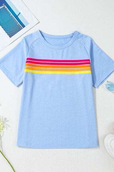 Striped Round Neck Short Sleeve T-Shirt - Trendsi - Flyclothing LLC