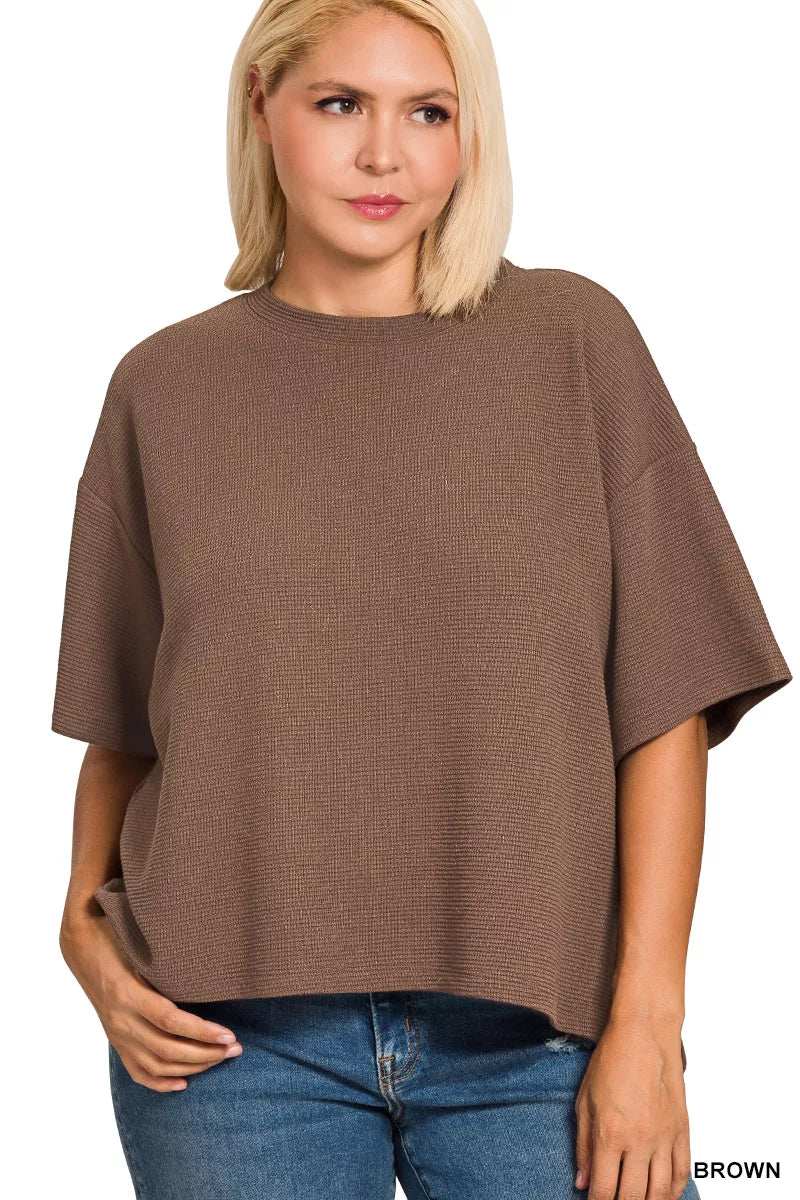 Zenana Full Size Double Knit Side Slits Hi Low Short Sleeve Top Plus Size - Trendsi - Flyclothing LLC