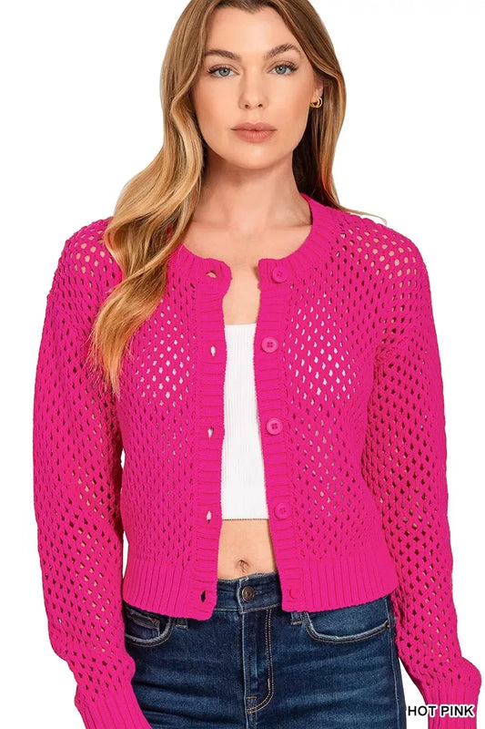 Zenana Button Down Lightweight Crochet Cardigan Sweater - Trendsi - Flyclothing LLC