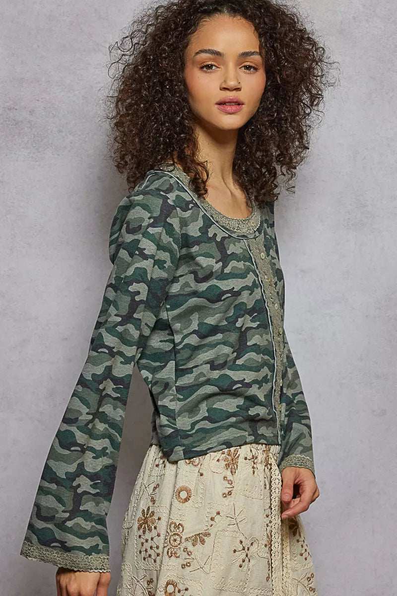 POL Camouflage Print Long Sleeve Top - Trendsi - Flyclothing LLC