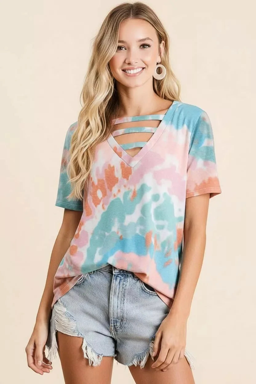 BiBi Tie-Dye V-Neck Cutout Short Sleeve T-Shirt - Trendsi - Flyclothing LLC