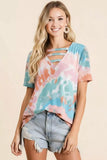 BiBi Tie-Dye V-Neck Cutout Short Sleeve T-Shirt - Trendsi - Flyclothing LLC