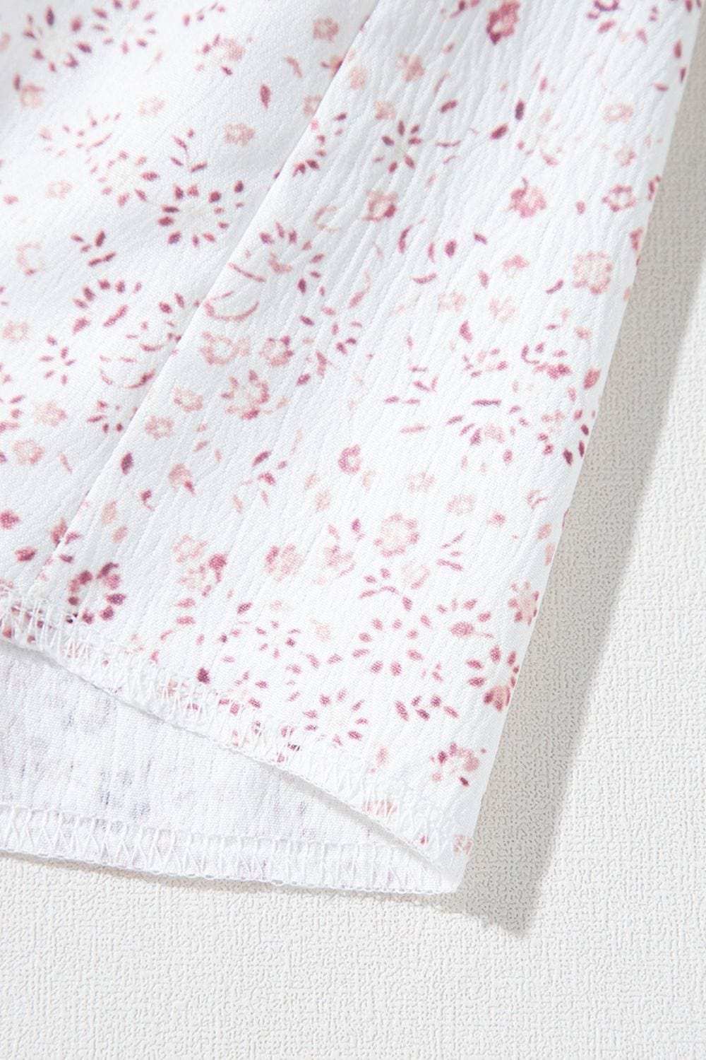 Waffle Floral Patchwork Exposed Seam Detail Short Sleeve Top - Trendsi - Flyclothing LLC