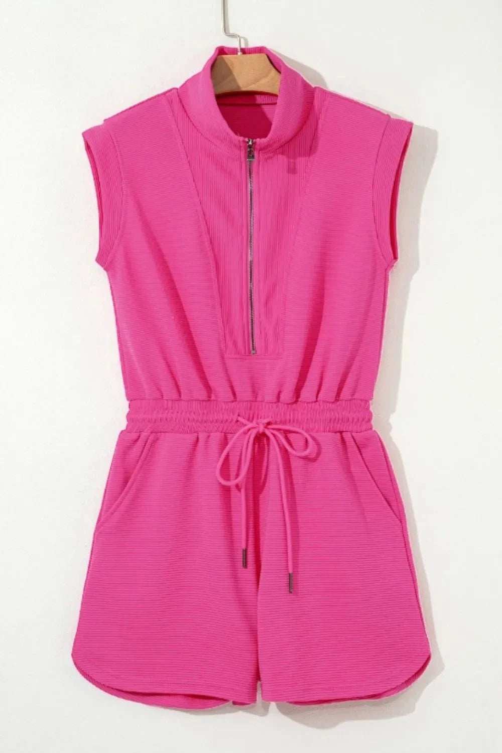 Textured Short Sleeve Half Zip Drawstring Waist Romper - Trendsi - Flyclothing LLC