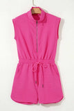 Textured Short Sleeve Half Zip Drawstring Waist Romper - Trendsi - Flyclothing LLC