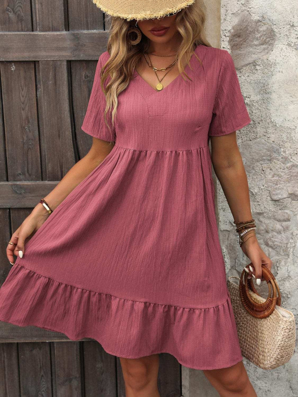 V-Neck Short Sleeve Mini Dress - Trendsi - Flyclothing LLC