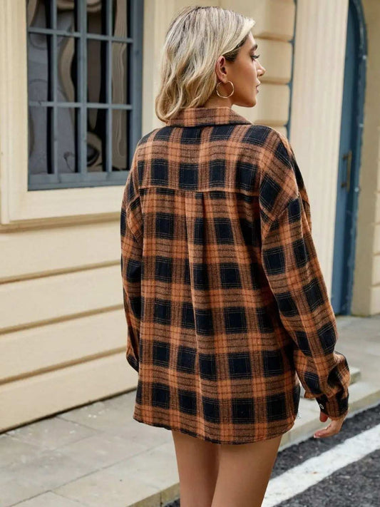 Plaid Collared Neck Long Sleeve Shirt - Trendsi - Flyclothing LLC