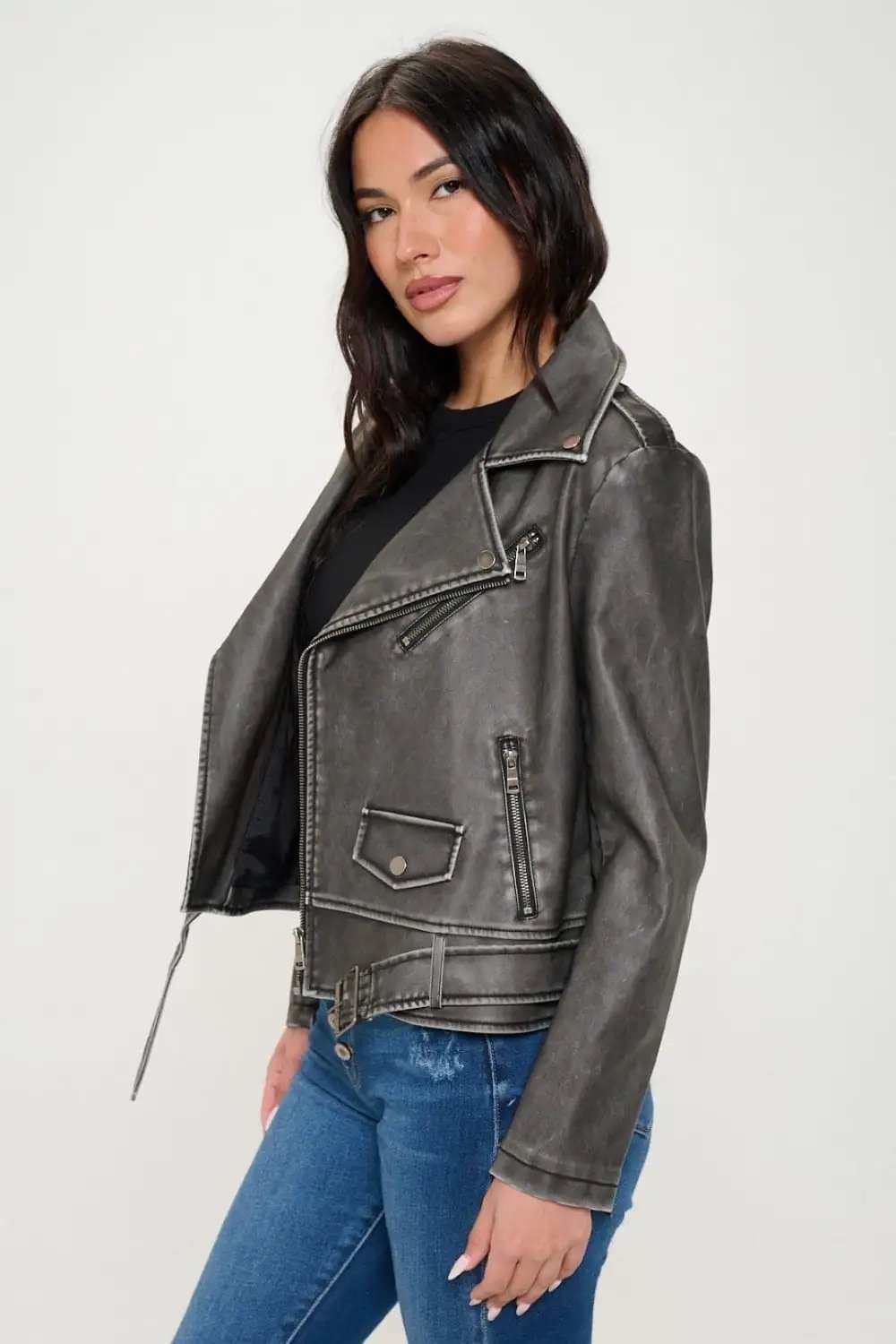 Coalition LA Zip Up Biker Jacket with Belt - Trendsi - Flyclothing LLC