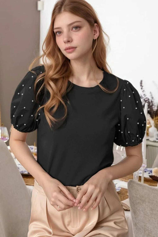 Pearl Detail Round Neck Short Sleeve Blouse - Trendsi - Flyclothing LLC