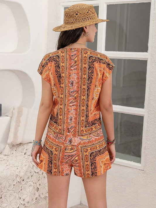 Printed V-Neck Cap Sleeve Romper - Trendsi - Flyclothing LLC