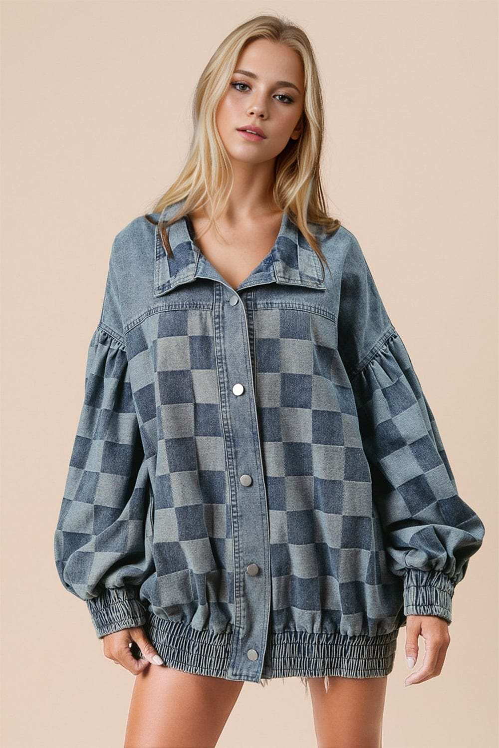 Double Take Checkered Button Up Denim Jacket - Trendsi - Flyclothing LLC