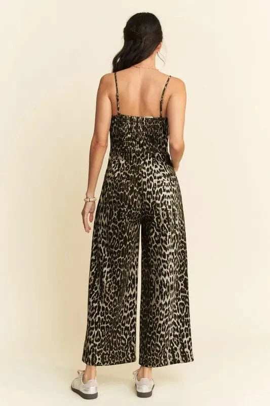 Davi & Dani Leopard Spaghetti Straps Wide Leg Jumpsuit - Trendsi - Flyclothing LLC