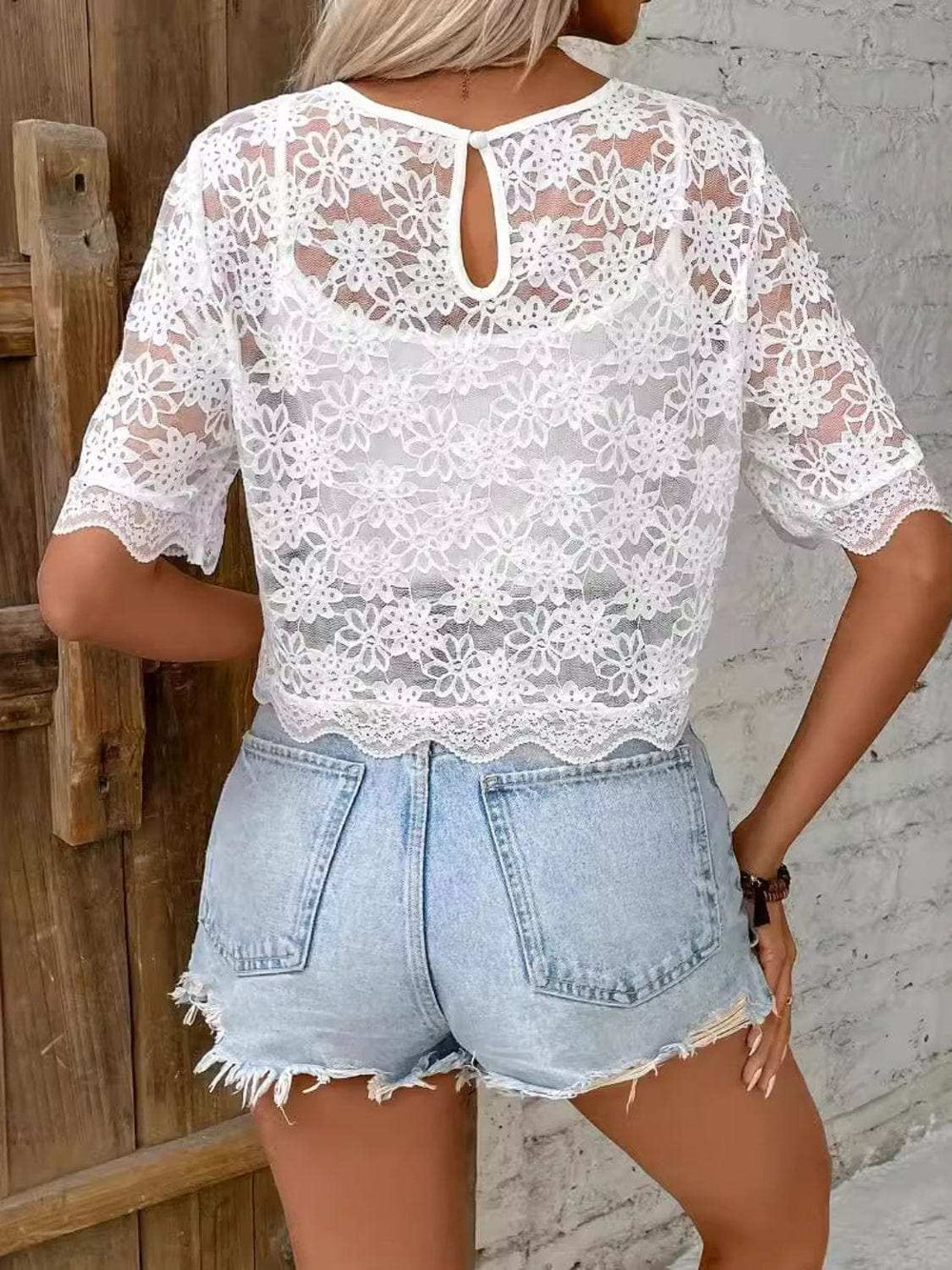 Flower Texture Round Neck Short Sleeve Top - Trendsi - Flyclothing LLC