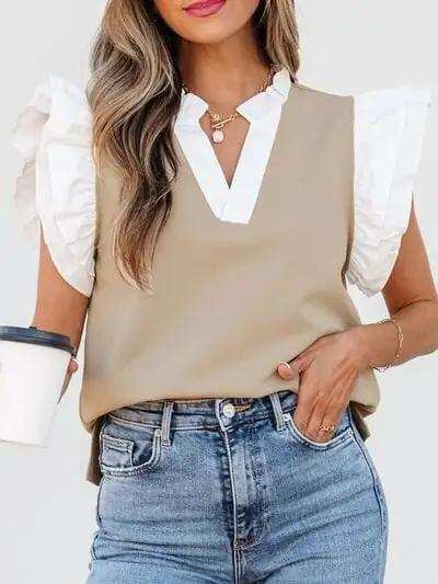 Ruffled Notched Cap Sleeve Top - Trendsi - Flyclothing LLC