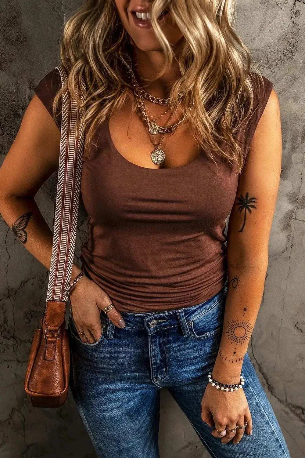 Round Neck Slim Cap Sleeve Top - Trendsi - Flyclothing LLC