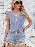 V-Neck Button Down Denim Vest - Trendsi - Flyclothing LLC