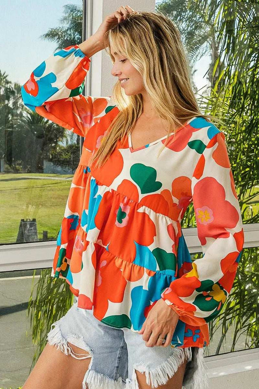 BiBi Floral Woven Tiered V Neck Top - Trendsi - Flyclothing LLC