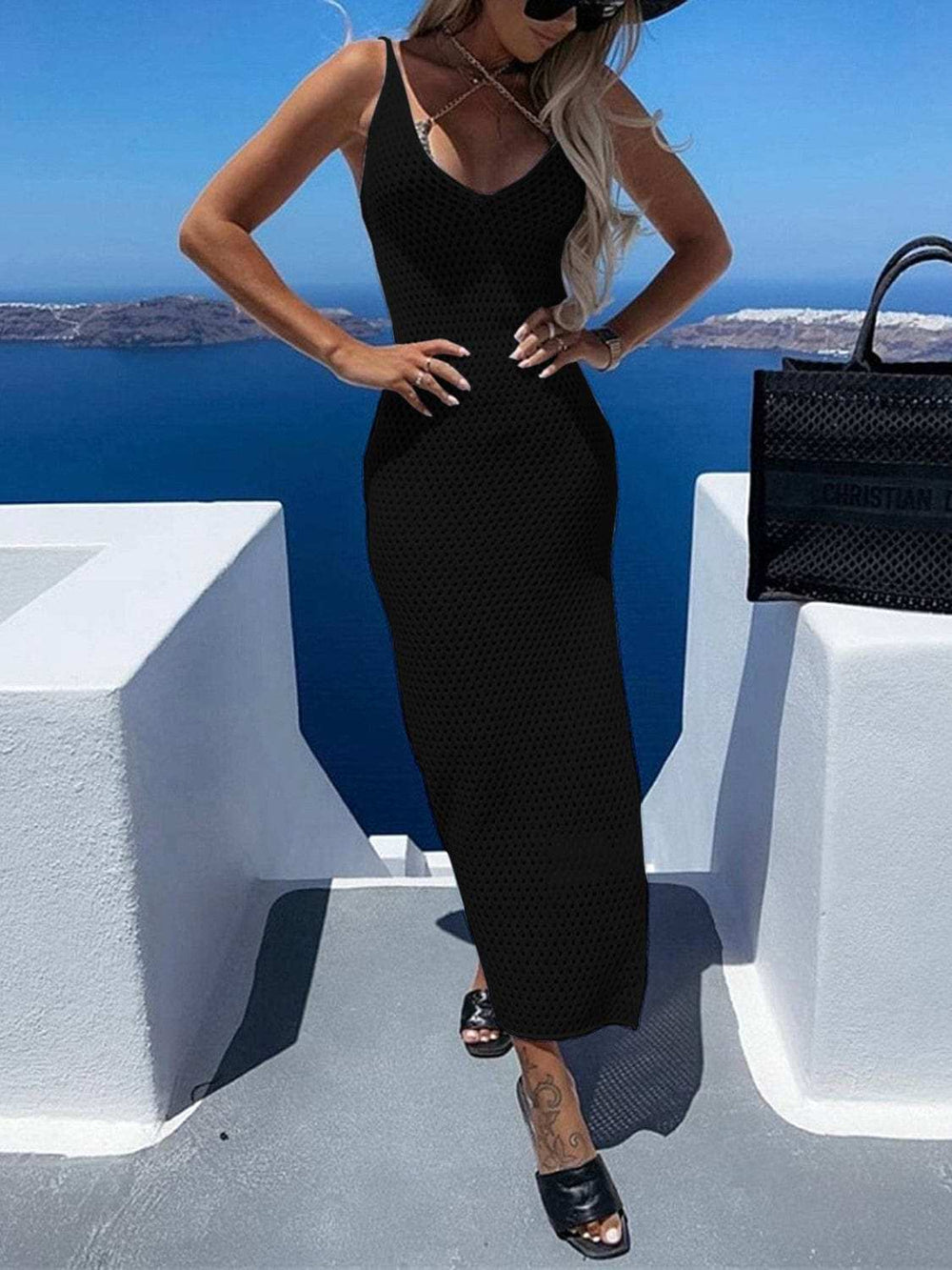 Slit Openwork V-Neck Sleeveless Cover Up - Trendsi - Flyclothing LLC