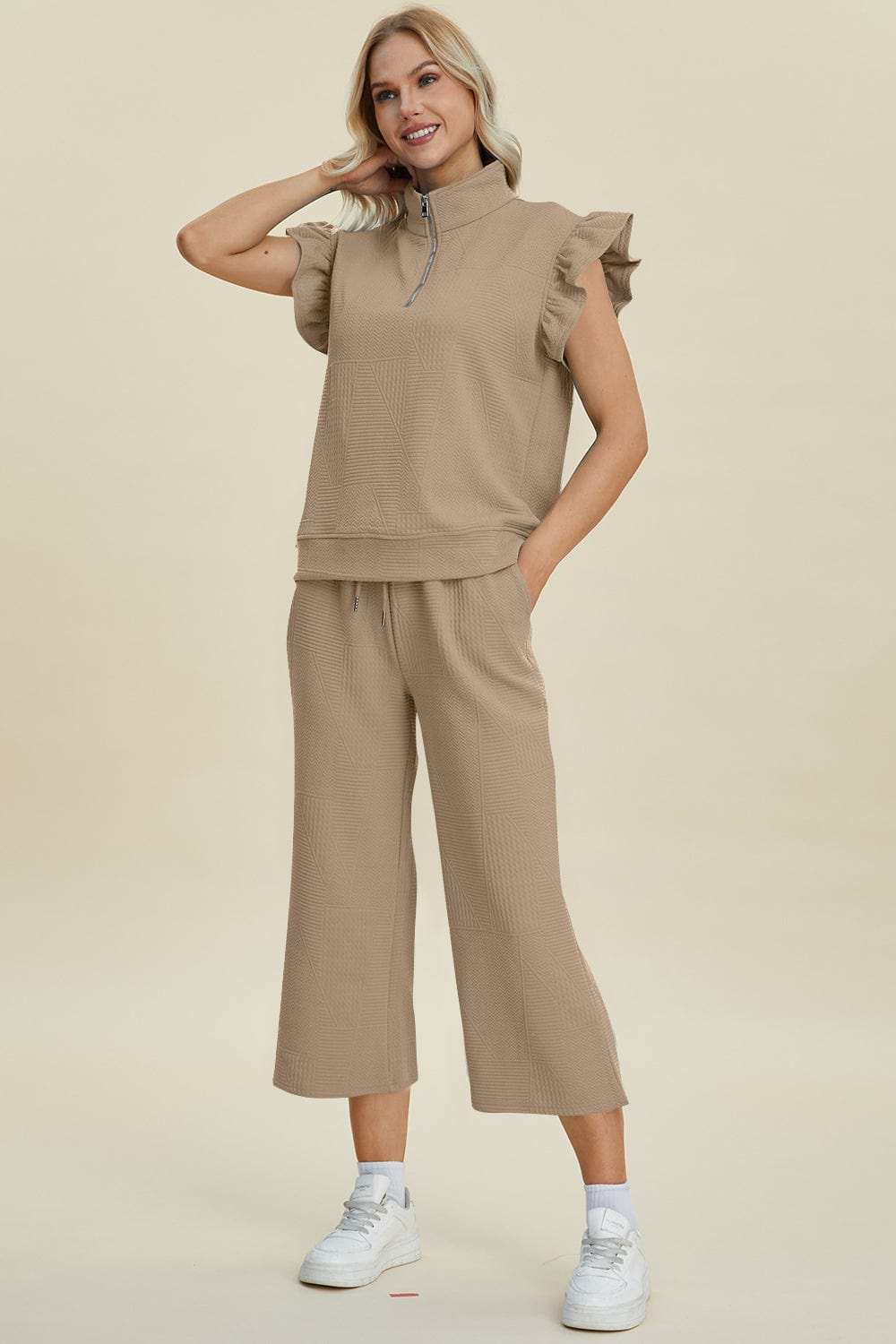 Double Take Full Size Texture Ruffle Short Sleeve Top and Wide Leg Pants Set - Trendsi - Flyclothing LLC