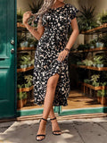 Printed Round Neck Flutter Sleeve Midi Dress - Trendsi - Flyclothing LLC