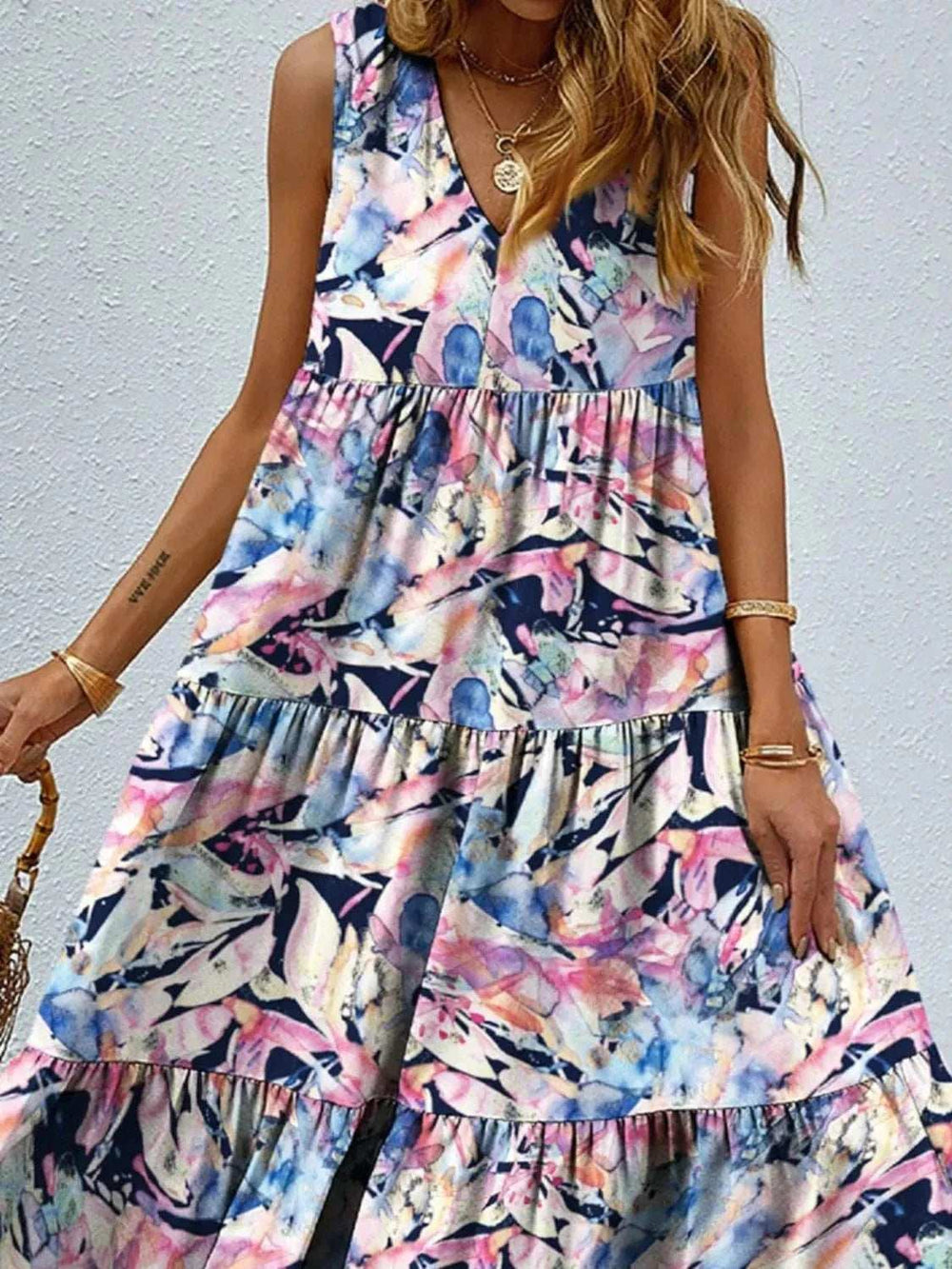 Printed V-Neck Tiered Maxi Tank Dress - Trendsi - Flyclothing LLC