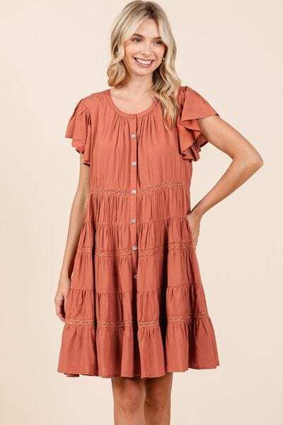 Mittoshop Lace Detail Ruffled Button Down Tiered Dress - Trendsi - Flyclothing LLC