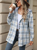 Drawstring Plaid Button Up Hooded Jacket - Trendsi - Flyclothing LLC