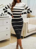 Color Block Round Neck Long Sleeve Midi Dress - Trendsi - Flyclothing LLC