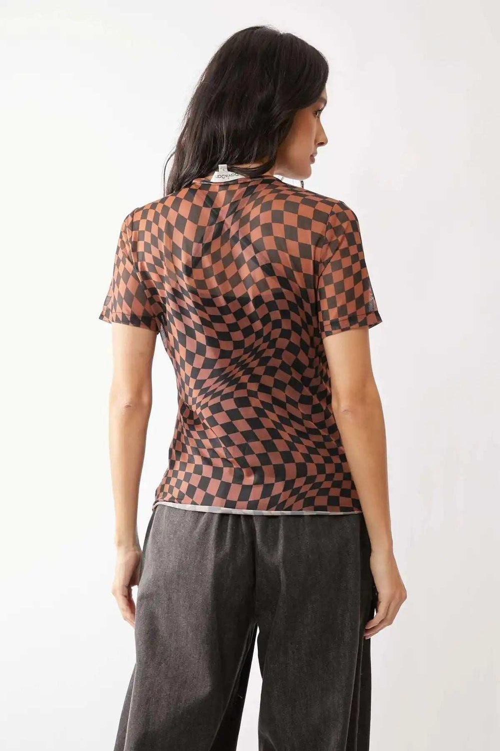 Davi & Dani Checker Board Printed Mesh Short Sleeve Top - Trendsi - Flyclothing LLC