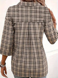 Plaid Johhny Collar Three-Quarter Sleeve T-Shirt - Trendsi - Flyclothing LLC