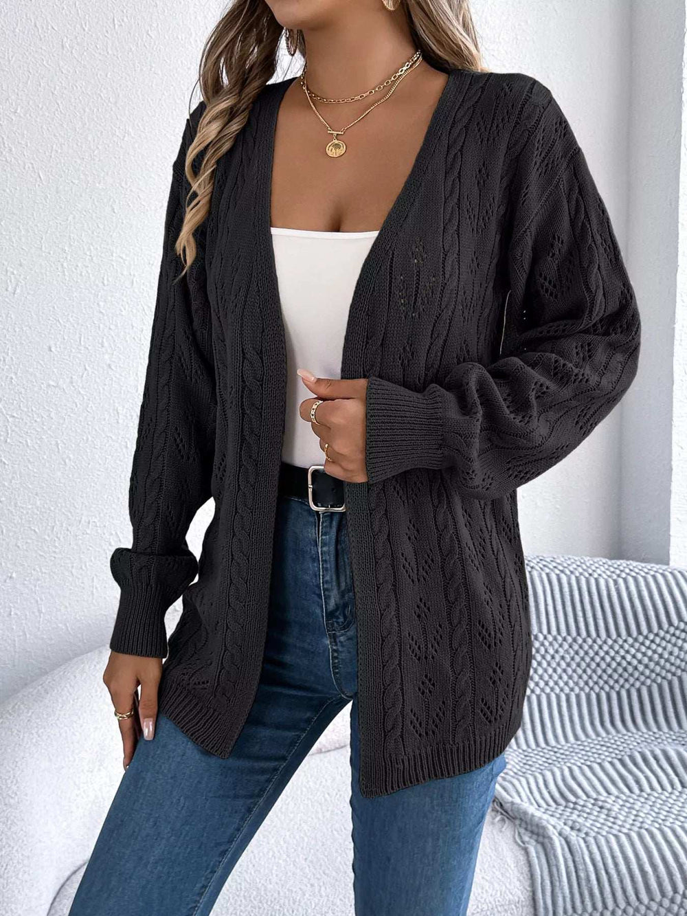 Openwork Open Front Long Sleeve Cardigan - Trendsi - Flyclothing LLC