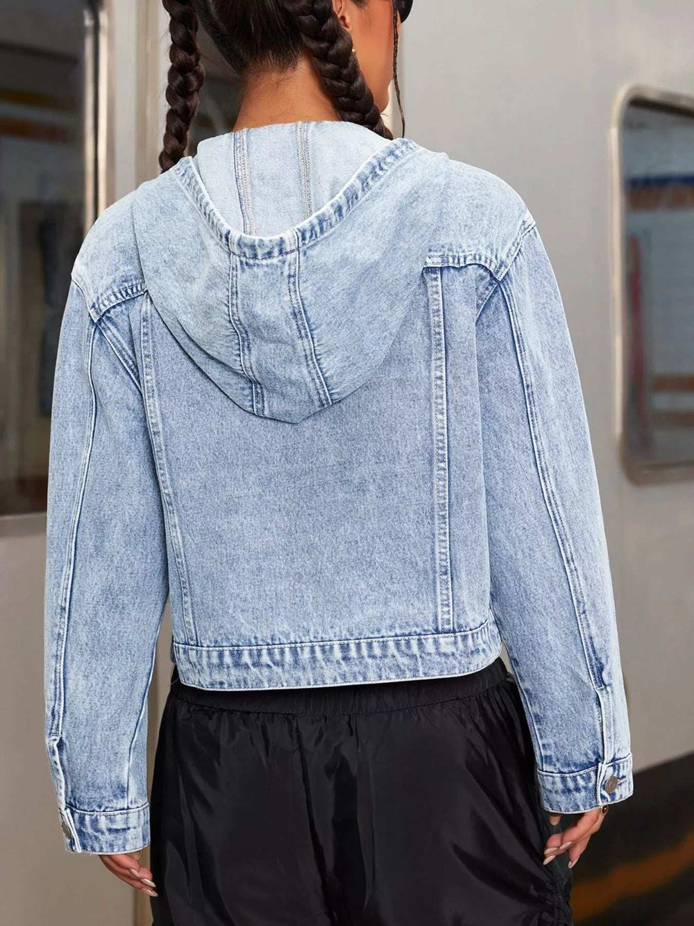 Hooded Drawstring Cropped Denim Jacket - Trendsi - Flyclothing LLC