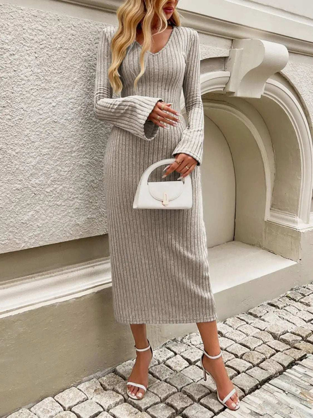 Devine Tied V-Neck Long Sleeve Sweater Dress - Trendsi - Flyclothing LLC