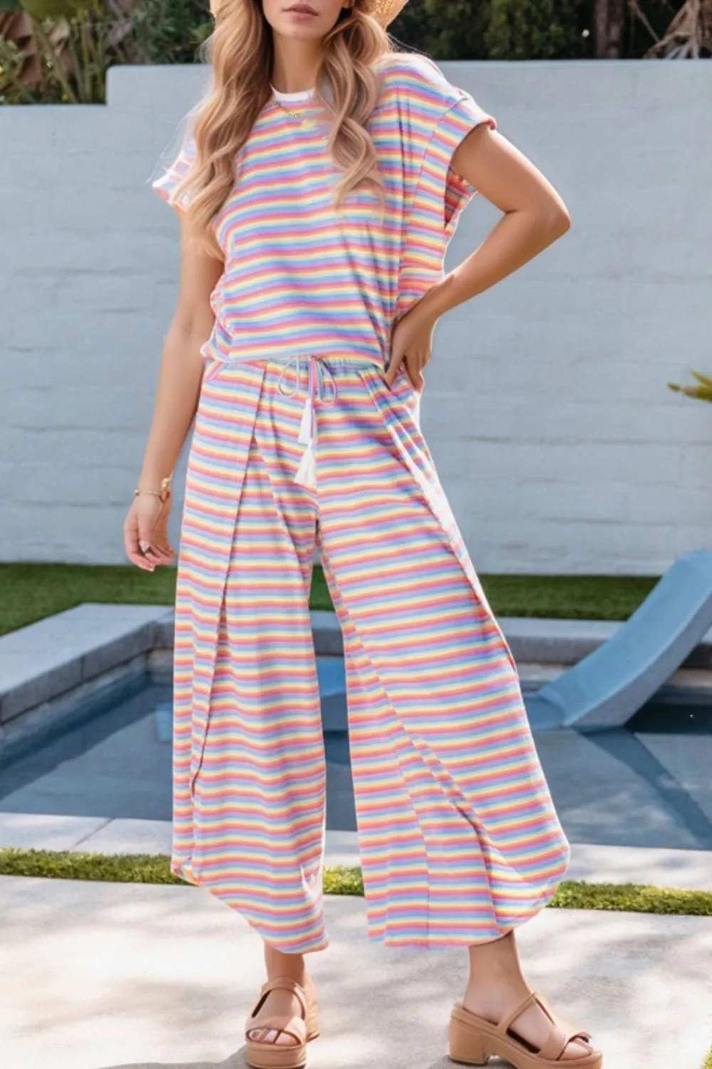 Striped Round Neck Short Sleeve Top and Pants Set - Trendsi - Flyclothing LLC