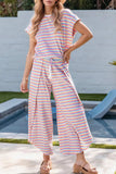 Striped Round Neck Short Sleeve Top and Pants Set - Trendsi - Flyclothing LLC