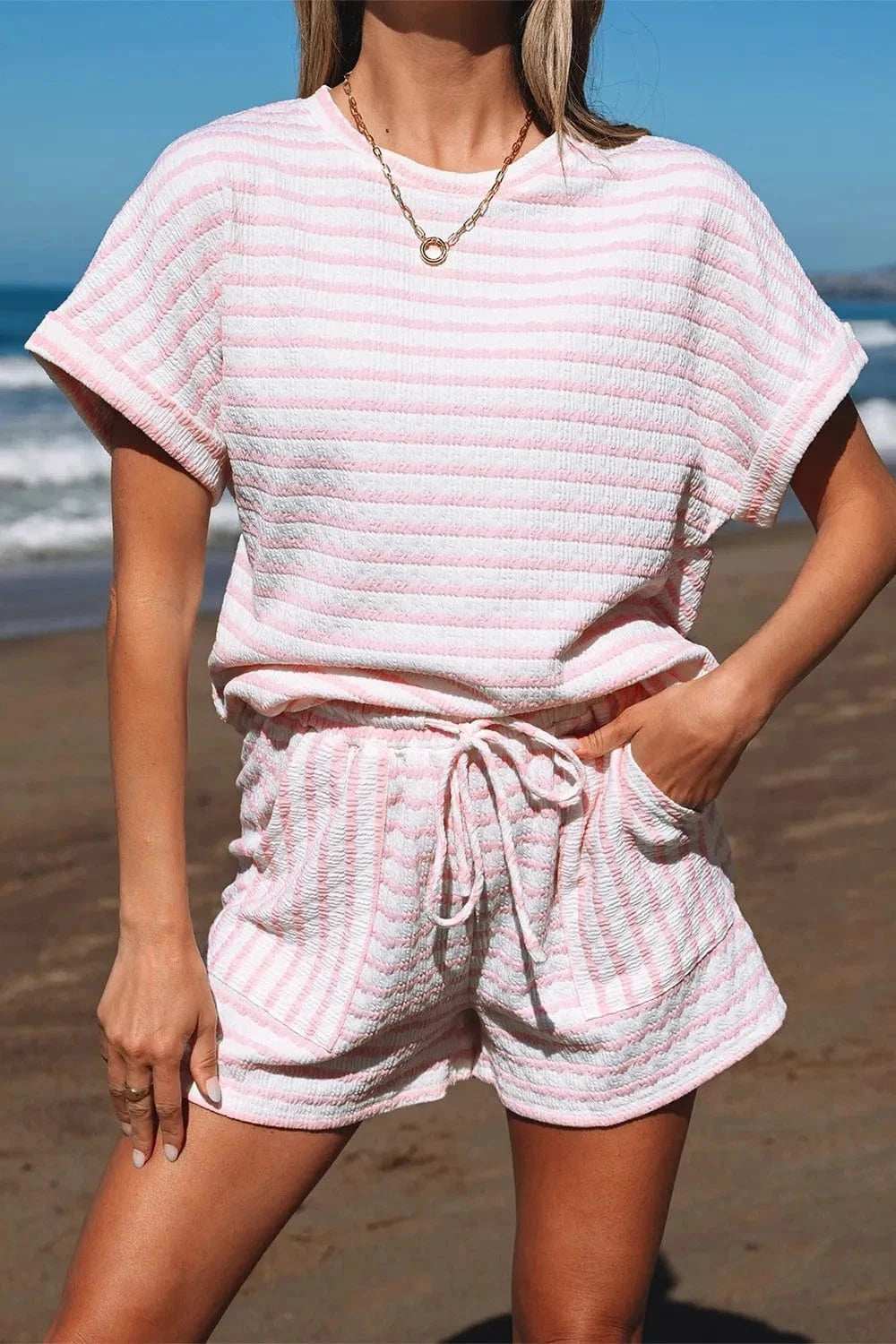 Stripe Knitted Short Sleeve Top and Drawstring Shorts Set - Trendsi - Flyclothing LLC