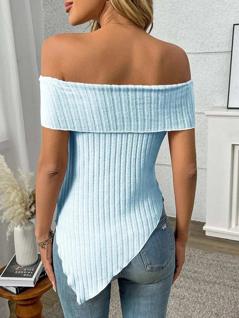 Ribbed Off-Shoulder Asymmetrical Hem T-Shirt - Trendsi - Flyclothing LLC