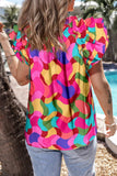 Ruffled Printed Mock Neck Cap Sleeve Blouse - Trendsi - Flyclothing LLC