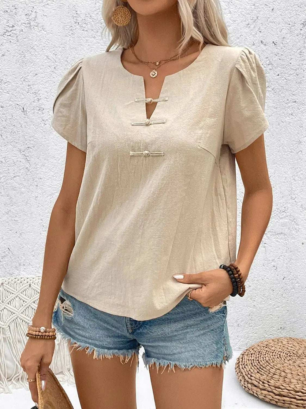 Notched Short Sleeve Blouse - Trendsi - Flyclothing LLC