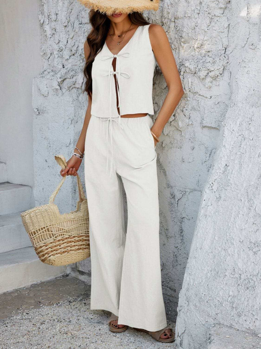 Devine Tied V-Neck Sleeveless Top and Pants Set - Trendsi - Flyclothing LLC