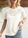 Round Neck Short Sleeve Crochet Top - Trendsi - Flyclothing LLC