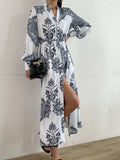 Printed Notched Lantern Sleeve Midi Dress - Trendsi - Flyclothing LLC