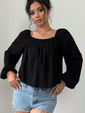 Swiss Dot Square Neck Long Sleeve Blouse - Trendsi - Flyclothing LLC