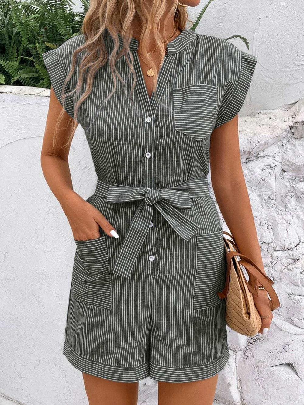Striped Notched Tie Waist Romper - Trendsi - Flyclothing LLC